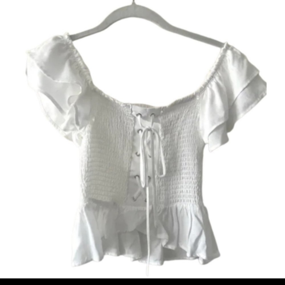 NWT TRENDY JS WHITE CROP  ON-OFF SHOULDER PEASANT TOP SZ S